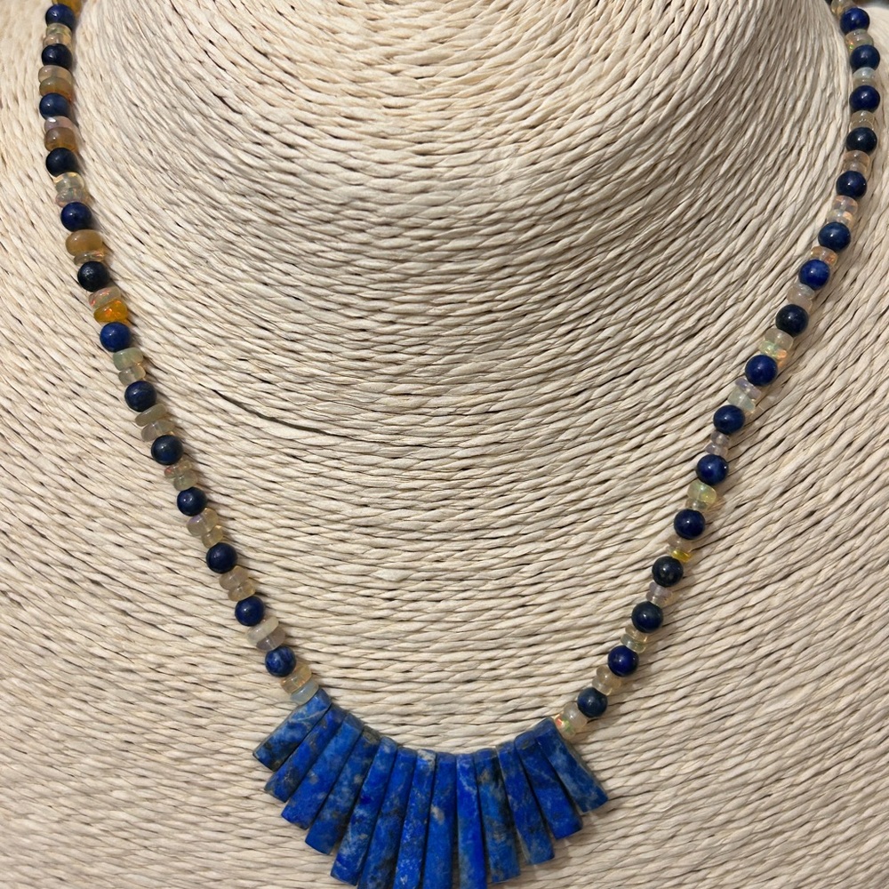 NEW HANDMADE Sterling Silver Gemstones Necklace lapis Lazuli, and Fire Opal - Picture 2 of 10